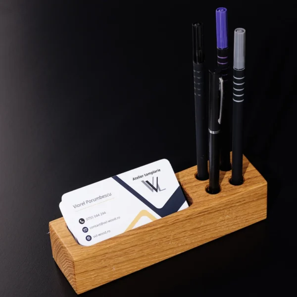 Suport birou pentru carti de vizita, si pix-uri ⸱ Stejar - imagine 7
